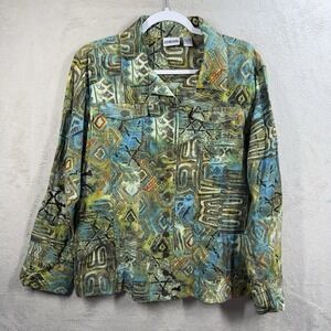 Chico's Aztec Jacket Women's L (2) Southwestern Sante Fe Cotton Linen Blend Art‎